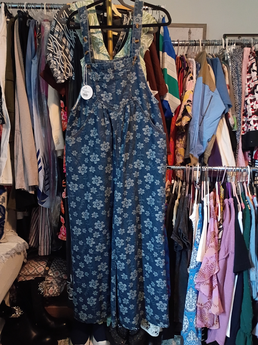 Floral Print Denim Overalls - Blue